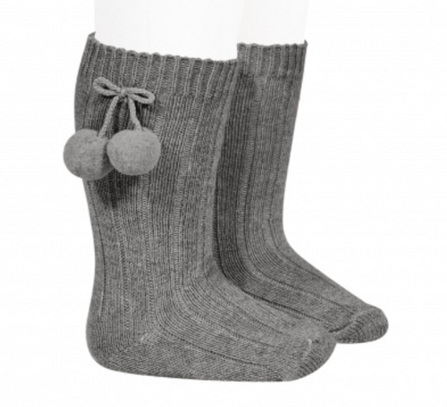 Calcetines altos canalé algodón cálido borlas GRIS CLARO