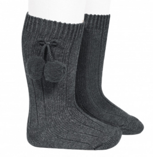 Calcetines altos canalé algodón cálido borlas ANTRACITA