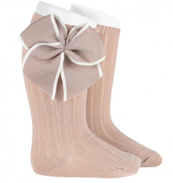Calcetines altos canalé con lazo punto festón ROSA EMPOLVADO