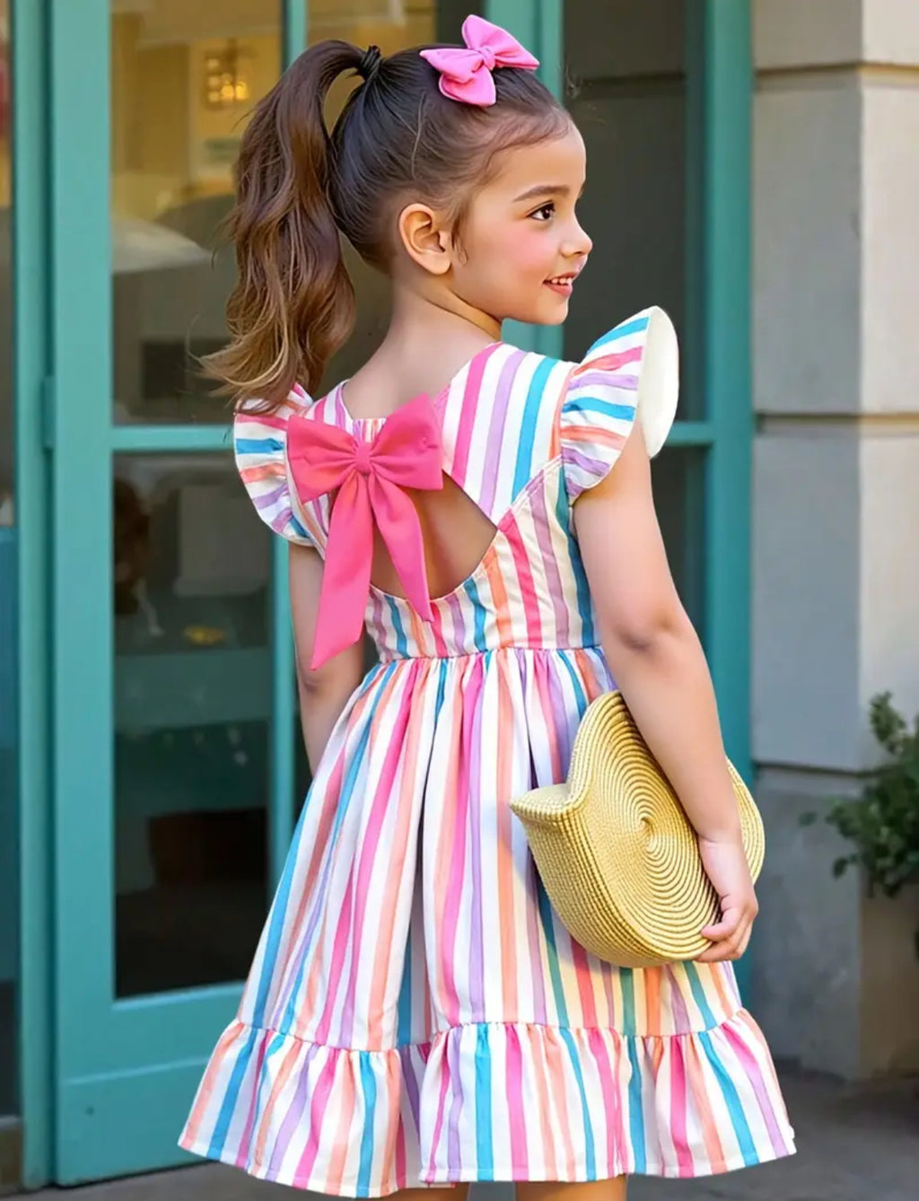 Vestido rayas con moño rosa