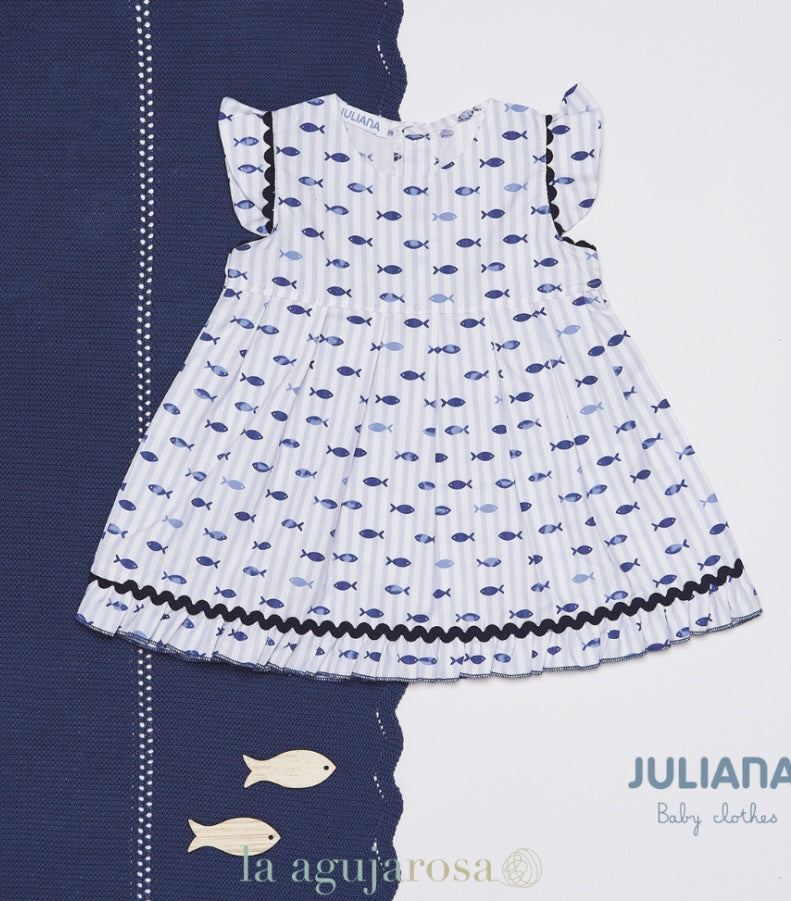 Vestido Cuerpo Punto Peces Azul Noche ALINA