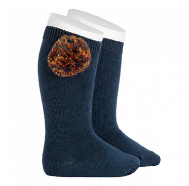 Calcetines altos lisos Marino con borla multicolor