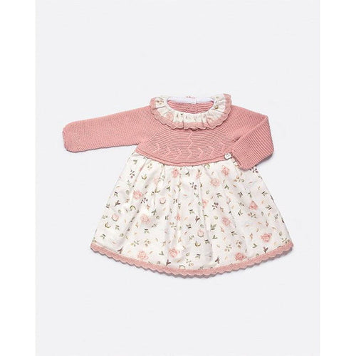 Vestido Cuerpo Punto Tela Flores  Rosa Empolvado