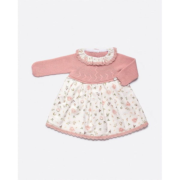 Vestido Cuerpo Punto Tela Flores  Rosa Empolvado