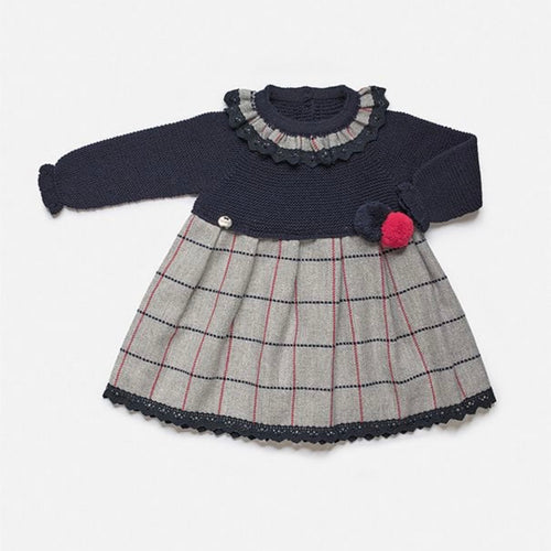 Vestido Cuerpo., Tela Cuadros Pompones Marino
