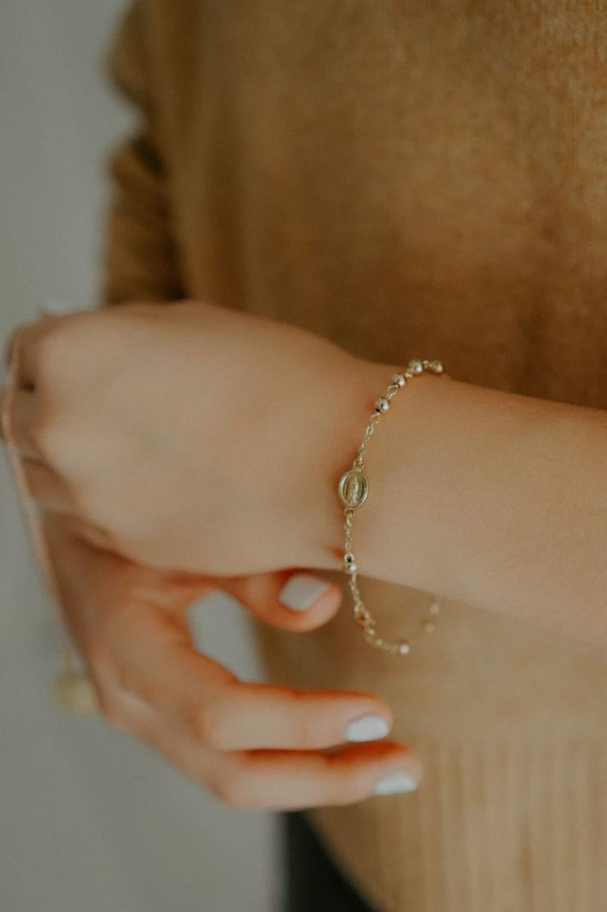 Pulsera Misterio con Cruz y Virgen Guadalupe oro 14k