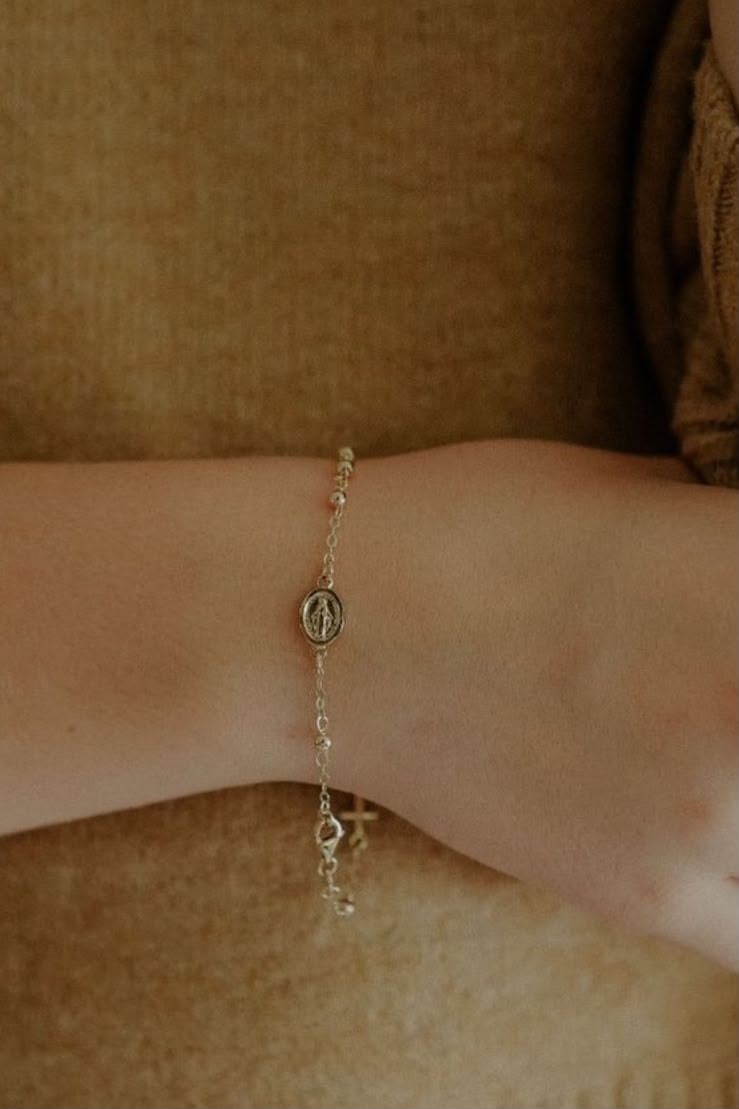 Pulsera Misterio con Cruz y Virgen Milagrosa oro 14k