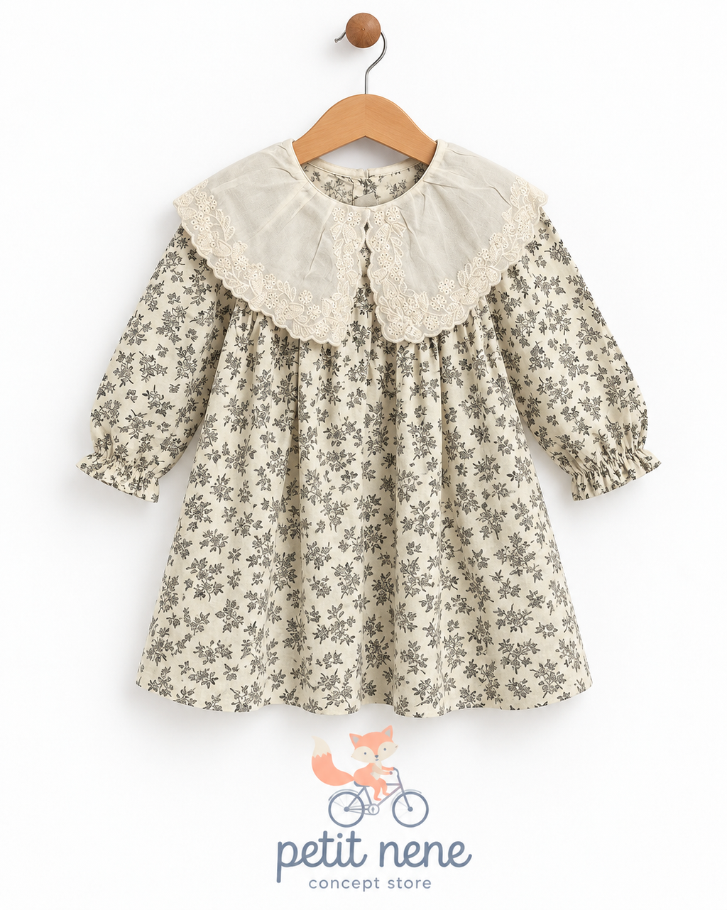 Vestido manga larga Beige Flores