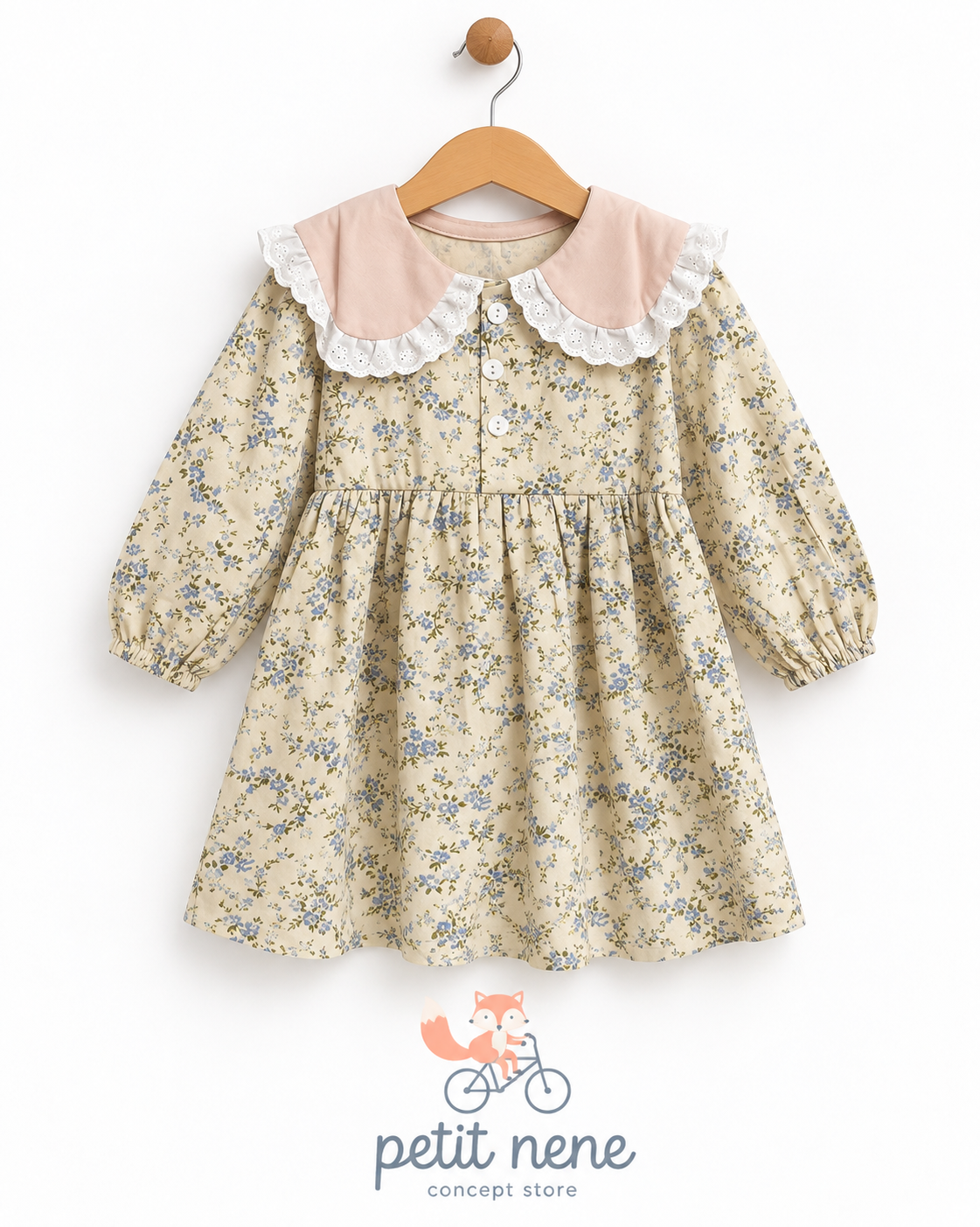 Vestido manga larga Beige Flores