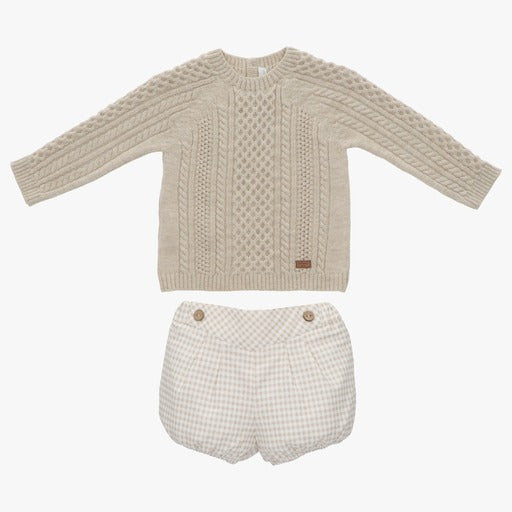 Conjunto de 2 Piezas Sueter Beige De Punto Y Calzon De Cuadros