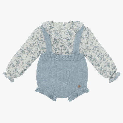 Conjunto De 2 Piezas Blusa De Flores Azules Y Ranita De Punto Azul Bajito