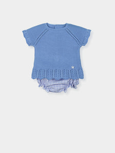 Conjunto de 2 piezas blusa de punto azul con braguita de cuadros azules