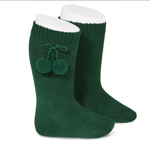 Calcetines Altos Algodón con Borlas Verde Botella
