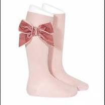 Calcetines Punto Liso Con Lazo Terciopelo Rosa Palo